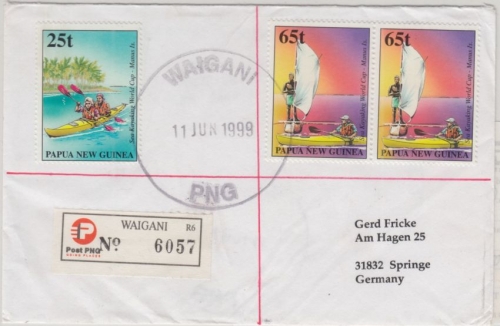 Papua Neuguinea - Waigani 1999 Einschreibebrief 2x65+25 t Kajak WM