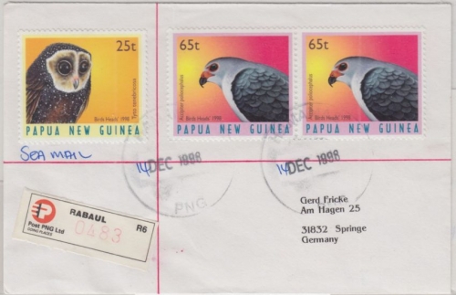 Papua Neuguinea - Rabaul 1998 Einschreibebrief 25+2x65 t Greifvögel