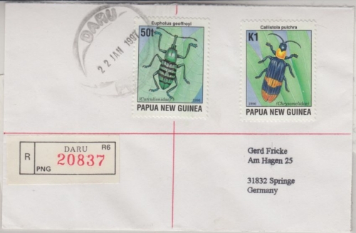 Papua Neuguinea - Daru 1997 Einschreibebrief K1+50 t Käfer Insekten