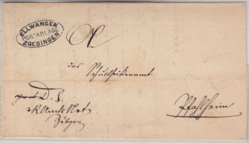 Württemberg - Ellwangen Postablage Zoebingen Brief n. Pfahlheim