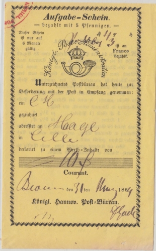 Hannover - Bevensen 1864 Aufgabeschein f. Chargebrief n. Celle