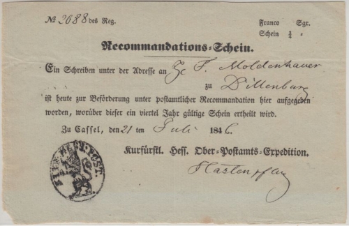 Thurn & Taxis - Cassel 1846 Recommandations-Schein Einschreiben n. Dillenburg