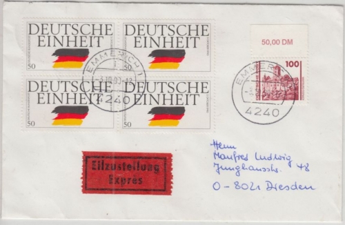 BRD/VGO - Emmerich 3.10.90 Mischfrankatur Eilbrief n. Dresden Deutsche Einheit