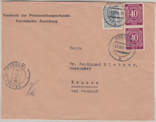 Kontrollrat - 2x40 Pfg. Ziffer u.a. Zustellurkunde Kronach - Neuses 1947