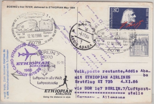 BRD - Ethiopian Airlines Erstflug Berlin Addis Ababa 1986 Zuleitungspost SST
