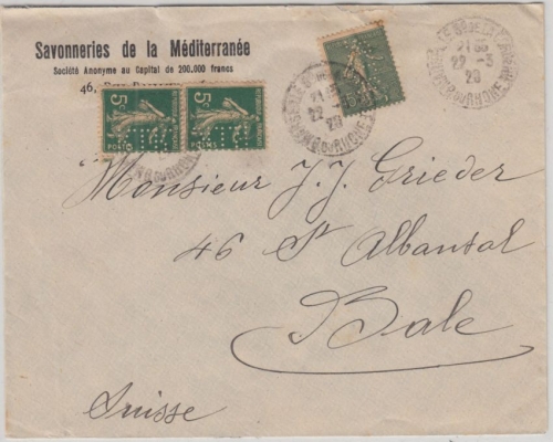 Frankreich - 2x5+15 C. Säerin Perfin RTR Brief i.d. SCHWEIZ Marseille Basel 1920