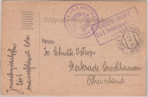 Österreich - KuK Marinefeldpostamt Pola 1916 Feldpostkarte K. Lir. 5. Kdo Zensur