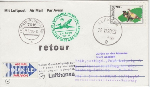 Zypern - Lufthansa Erstflug Hamburg Leipzig Zuleitungspost 1990 Hinweisstempel