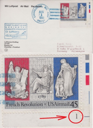 USA - 45 C French Revolution Bogenecke Formnummer LH-Erstflug Charlotte FFM 1990