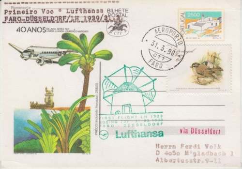 Portugal - 25 E. Ganzsache 40 J. TAP Lufthansa Erstflug Faro Düsseldorf 1990