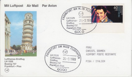 BRD - 60 Pfg. Elvis Presley Bogenecke Lufthansa Frankfurt a.M. - Pisa 1989