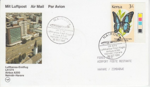 Kenya - 3 Sh. Schmetterling Lufthansa Erstflug Nairobi Harare 1989