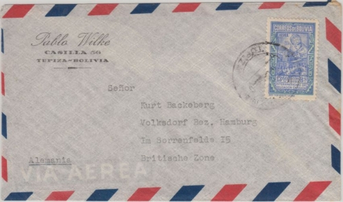 Bolivien - 13,60 B. katholische Erziehung Luftpostbrief Tupiza - Volksdorf 1950