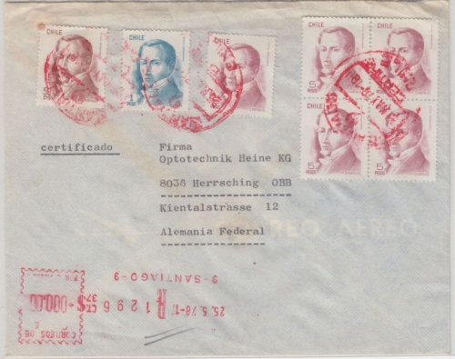 Chile - 5x5 P. u.a. Einschreibebrief Santiago - Herrsching 1978