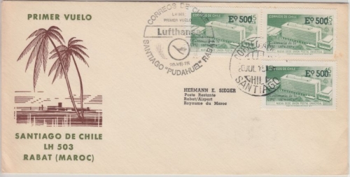 Chile - 3x500 E. a. 45 C. UPU Lufthansa Erstflug Santiago de Chile Rabatt 1975