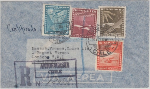 Chile - 20 P. u.a. Flugpost Luftpost Einschreibebrief Antofagasta London 1954