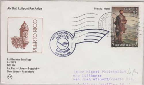 Kolumbien -Lufthansa 1st-Flug La Paz Frankfurt a.M. Etappe Bogota San Juan 1981