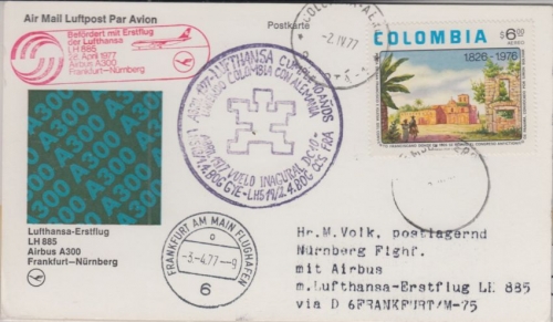 Kolumbien - LH 1st-Flug Bogota Frankfurt Zuleitung 1st-Flug FFM Nürnberg 1977