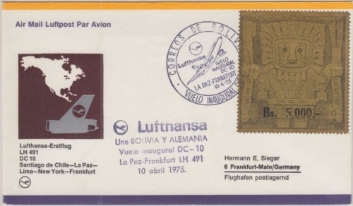 Bolivien - 5.000 a. 5 B. Sonnentor Lufthansa Erstflug La Paz - Frankfurt 1975