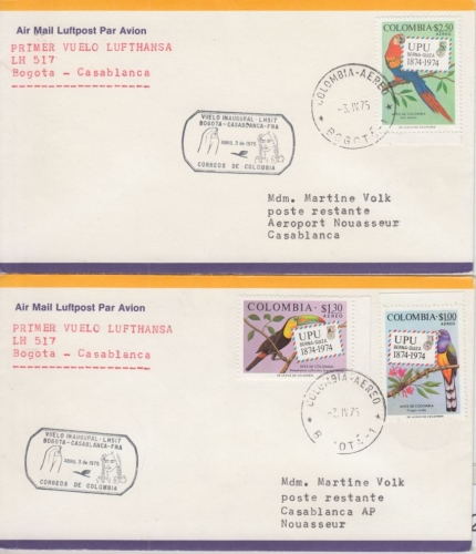 Kolumbien - Lufthansa Erstflug Bogota - Casablanca 1975 2 Briefe Motiv UPU
