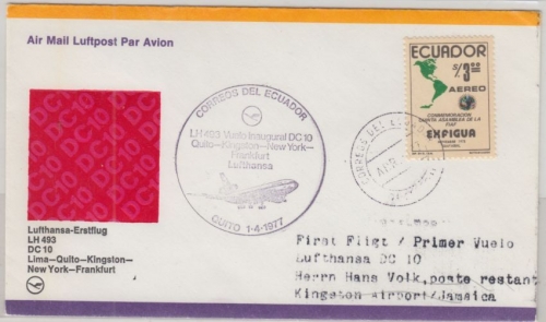 Ecuador - 3 S. FIAF Lufthansa Erstflug Quito Frankfurt a.M. Etappe Kingston 1977