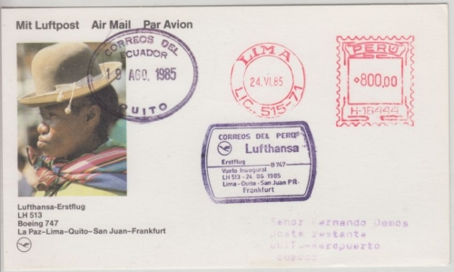 Peru - 800 S. Freistempel Lufthansa Erstflug Lima Frankfurt Etappe Quito 1985