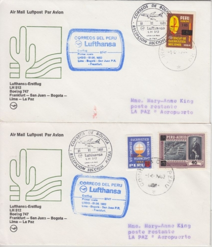 Peru - Lufthansa Erstflug Lima Frankfurt a.M. 1982 2 Luftpostbriefe