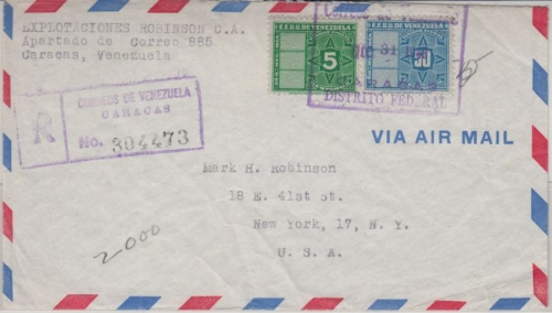 Venezuela - 50+5 C Stempelmarken Luftpost Einschreibebrief Caracas New York 1949