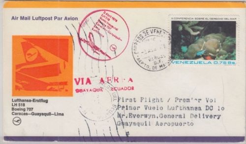Venezuela - 75 C. Korallen Lufthansa Erstflug Caracas Lima Etappe Guayaquil 1976