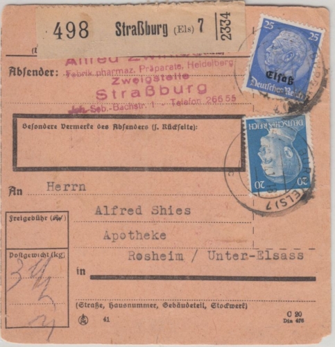 Bes. Elsass - 25 Pfg. Hindenburg/Aufdruck u.a. Paketkarte Straßburg 7 - 1941 n.