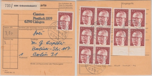 BRD - 11x30 Pfg. Heinmann Paketkarte Grävenwiesbach - Berlin 1976