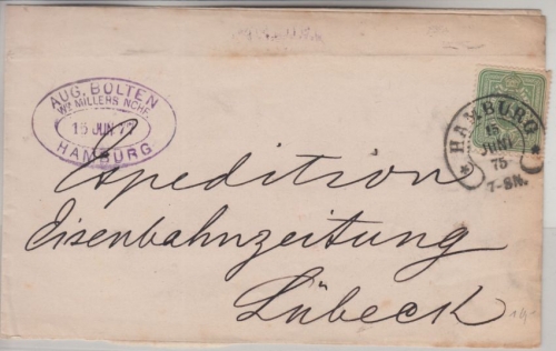 DR - Hamburg 15. Juni 75 Hufeisen Stempel 3 PfgE. Drucksache n. Lübeck