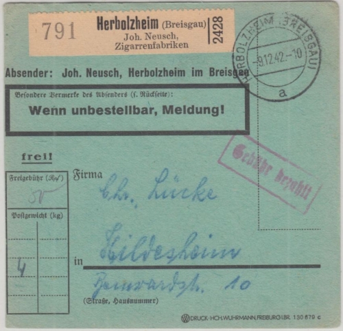 DR - Herbolzheim 1942 Gebühr bezahlt Paketkarte Selbstbucher Neusch Zigarren