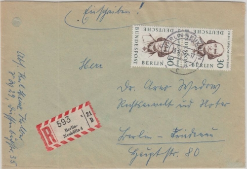 Berlin - 2x30 Pfg. Männer (II) Einschreiben Ortsbrief Berlin-Neukölln 4 1957