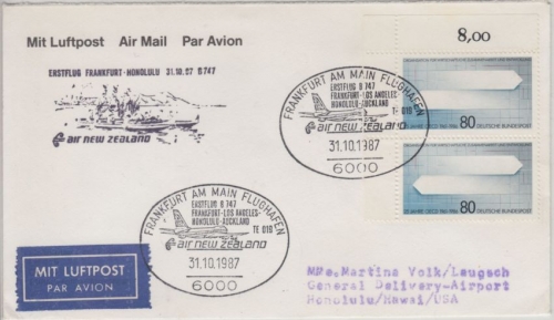 BRD - 80 Pfg. OECD Paar/Bogenecke Luftpostbrief n. HAWAII Air New Zealand 1987