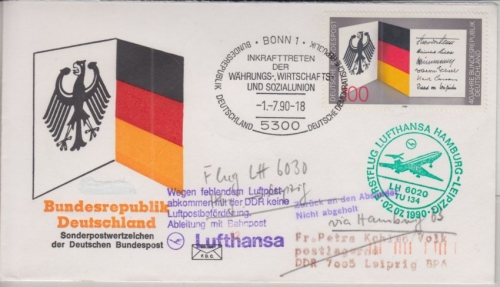 BRD - Lufthansa Erstflug Hamburg - Leipzig Zuleitung SST Bonn 1.7.1990