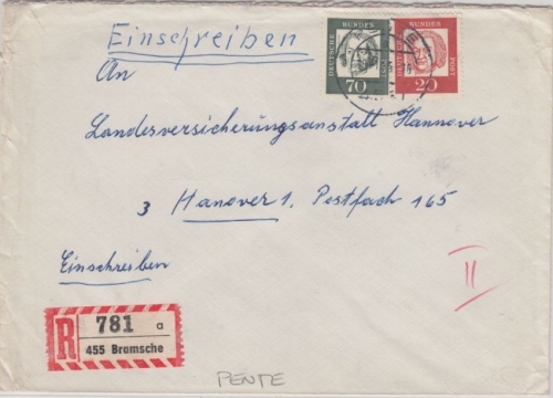 BRD - Pente 1965 Einschreibebrief über PA Bramsche n. Hannover