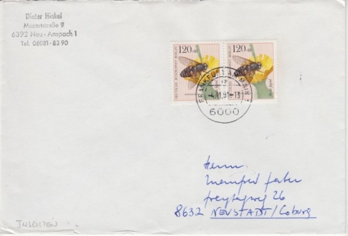 Berlin - 2x120 Pfg. Jugend Schwebfliege Brief >50g Frankfurt Neustadt 1991
