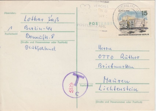 Berlin - 15 Pfg. Neu-Berlin Karte n. LIECHTENSTEIN 1966 Nachporto