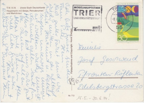 BRD - 30 Pfg. Wandern Karte Trier - Pfronten 8.6.74