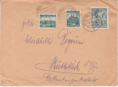 Sudetenland - Johanngeorgenstadt 7.10.38 tschech. Frankatur milit. Absender