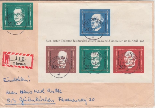 BRD - Adenauer Block + 20 Pfg. Einschreibebrief Garstedt - Geilenkirchen 1968
