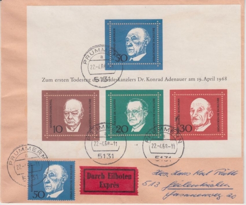 BRD - Adenauer Block + 50 Pfg. Eilbrief Prummern - Geilenkirchen 1968