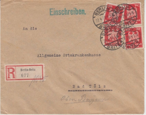 DR - 4x10 Pfg. Adler Einschreibebrief Berlin-Britz - Bad Tölz 1926