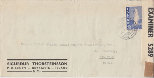 Island - 45 A. geysir Zensurbrief n. USA Reykjavik - New York 1940 US-Zensur