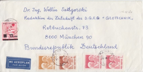 Albanien - 13 L. a. 30 Q. Überdruck u.a. Luftpostbrief Tirana - München 1993
