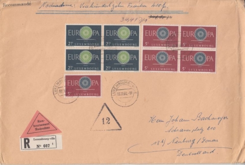 Luxemburg - 4x2,50+5x5 Fr. Europa 1960 Nachnahme-Einschreibrief Luxembourg-Ville