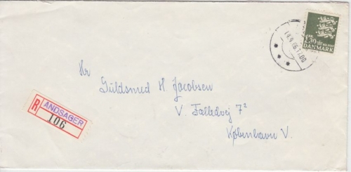 Dänemark - 1,20 Kr. Reichswappen Einschreibebrief Andsager - Kopenhagen 1966