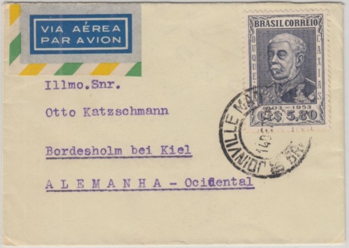 Brasilien - 5,80 Cr Herzog v. Caxias Luftpostbriefchen Joinville Bordesholm 1955