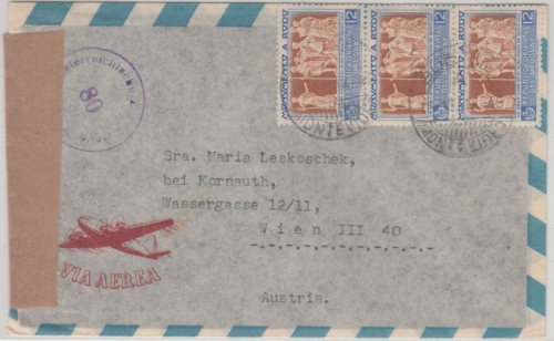 Uruguay - 3x12 C. Denkmal Rodo Luftpost Zensurbrief n. ÖSTERREICH Montvideo 1949